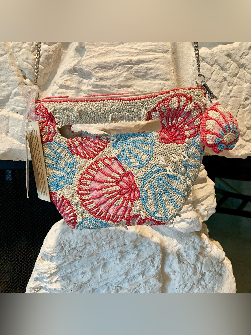 NWT Handcrafted in India beaded crossbody with cut out handle in shell motif